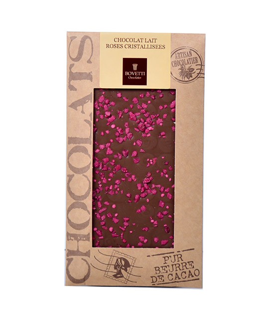 Milk chocolate bar - crystallized roses - Bovetti